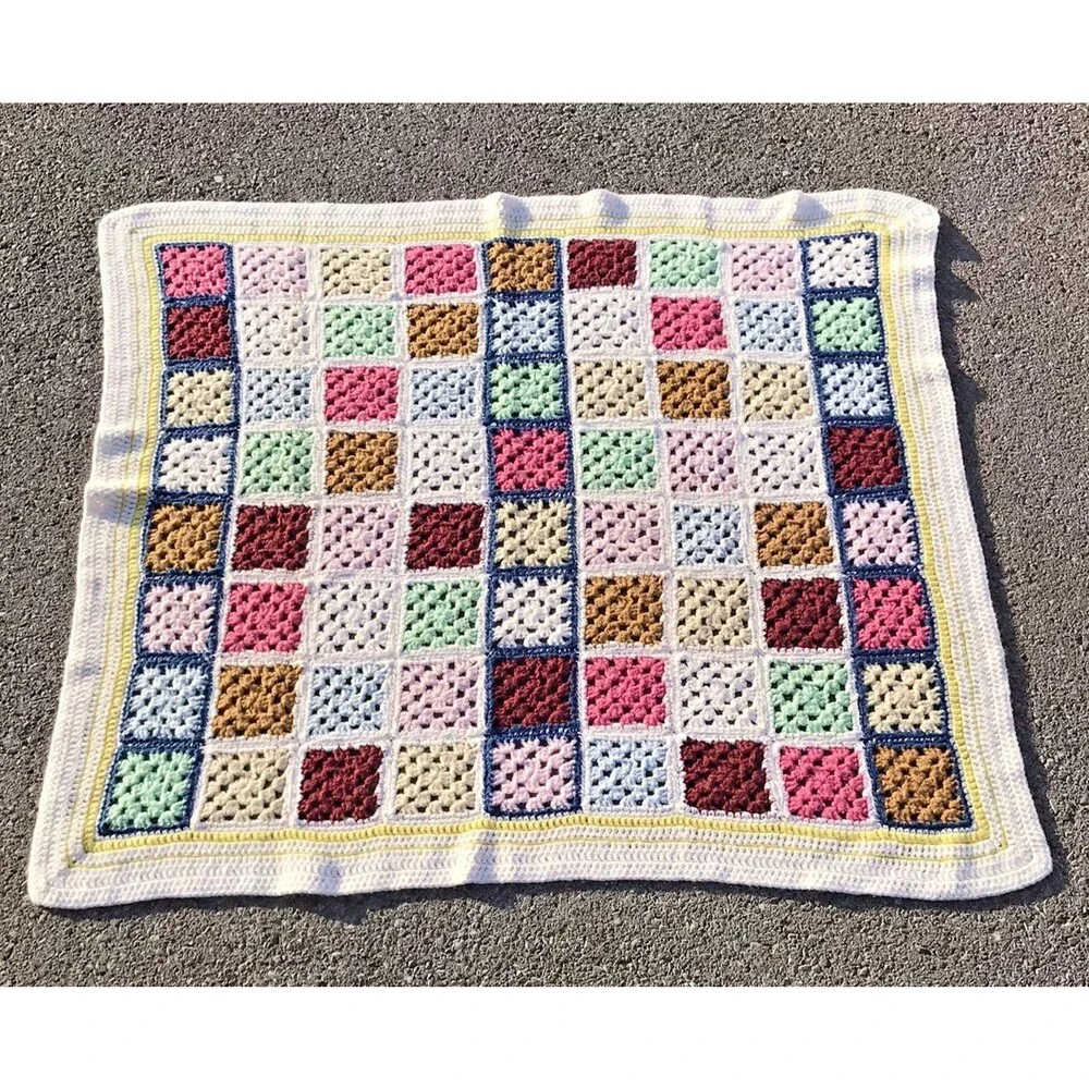 Vintage Granny Square Crochet Knit Afghan Throw Blanket Multicolor Border 4x4 ft - Picture 5 of 11